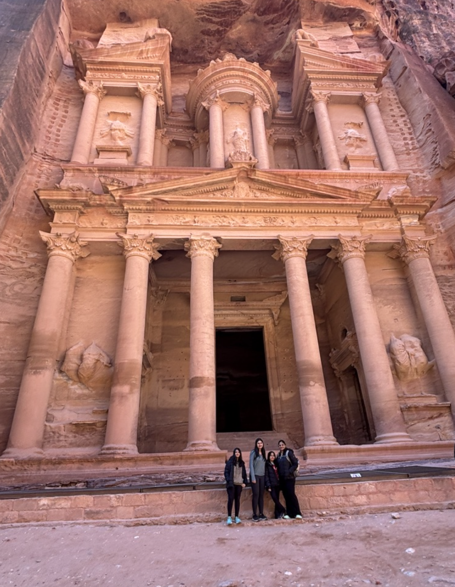 My sisters, mother and I are in front of the famous treasury, which lies at about the halfway point on the Petra path. Contrary to its name, the treasury is actually a large tomb, but during the Byzantine era, it was used as a church.