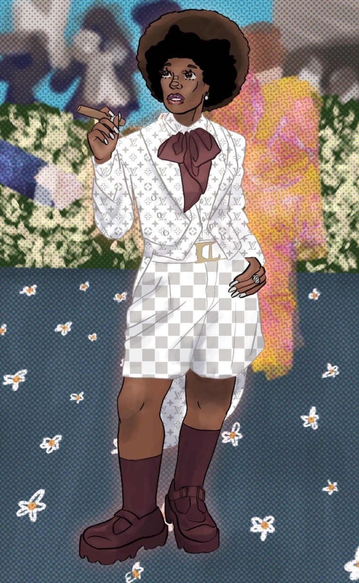 Rapper Doechii walks the blue carpet at her first Met Gala in a Louis Vuitton monogram tuxedo suit with trouser shorts. The outfit was designed by Pharell Williams and paid homage to André Leon Talley. 