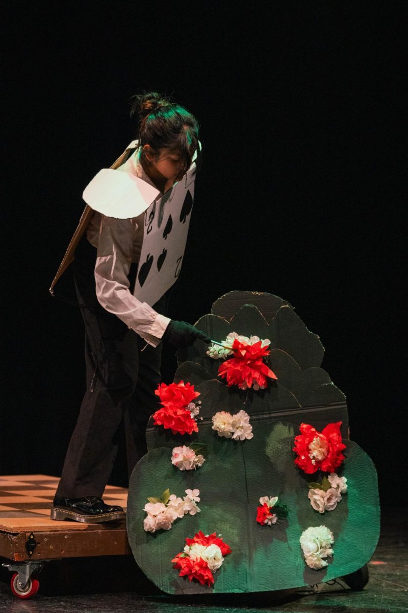 Freshman Sofiya Khaderi as a Card of Spade paints the white rose bushes in the Queen of Hearts' croquet garden red out of fear she will be beheaded by the Queen if the roses are not red enough. The prop crew for "Alice in Wonderland" introduced new ideas to senior and technical director Emma Kolah on ways for props to be created and incorporated into the show.