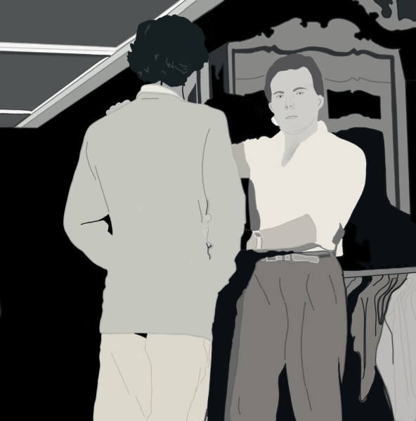 Giorgio Armani looks into the camera while tailoring his suit for one of his models. Armani led the fashion industry into a new era of elegance. 
