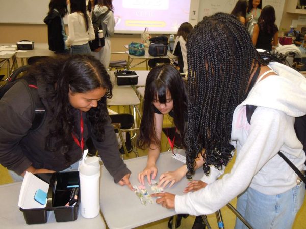 Sophomores Adriana Saenz, Thien Nguyen and Makayla Knight carefully arrange press flowers onto their bookmarks. Although it was intended to be an interest meeting, officers still provided a fun activity for both new and returning members.