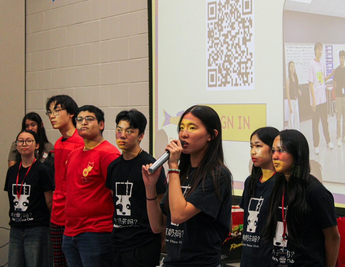 The 2025-2026 BCC officers give instructions and officer introductions, opening their first meeting of the year. Sophomore officer Serena Zhao made announcements and welcomed new and returning members.
