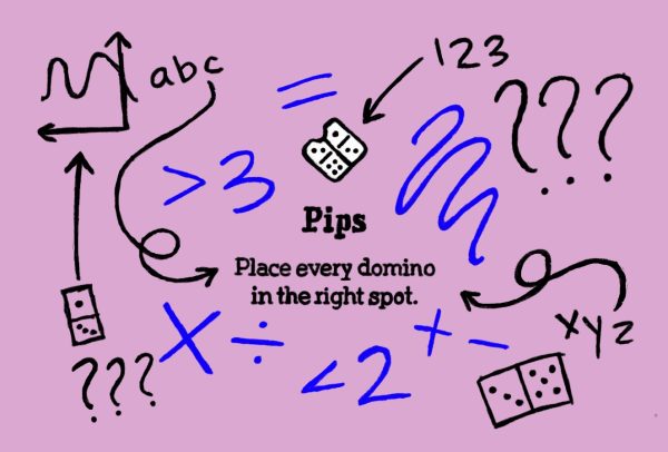 The opening screen for the Pips game is trademarked by its distinct fuschia color. The domino logo in the center was created by Tati Moniz.
