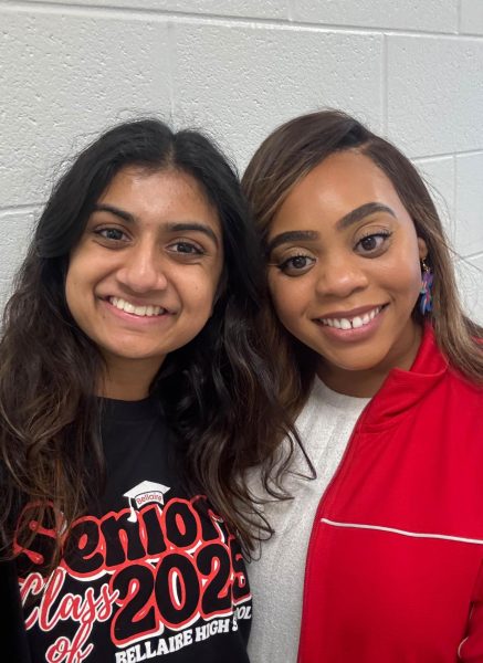 Thomas poses with Bellaire graduate Millie Shah. Shah is currently a freshman at the University of Illinois studying psychology.