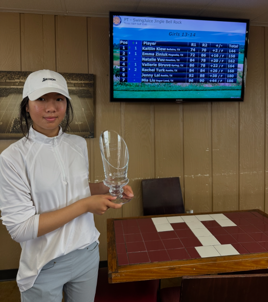 Kiew holds her championship trophy after shooting her winning round at the SwingJuice Tournament. The event was held at the Golf Club at Texas A&M.