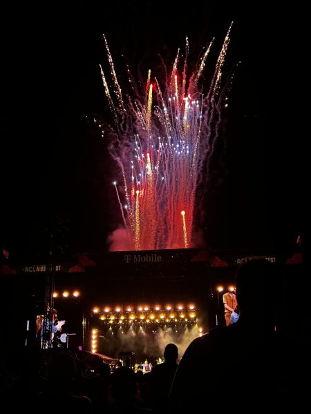 Fireworks burst above the crowd as Hozier closes out his set with a stunning finale. The colorful display lit up the night sky and marked one of the most memorable moments of the weekend.
