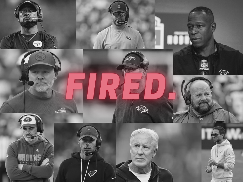 From left to right, a black and white image of Mike Tomlin, Brian Callahan, Raheem Morris, Sean McDermott, John Harbaugh, Brian Daboll, Kevin Stefanski, Jonathan Gannon, Pete Carroll and Mike McDaniel. In the center of the image, neon red text reads "FIRED."