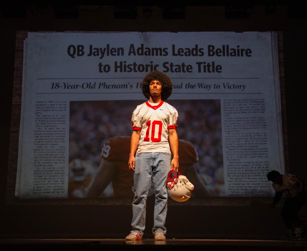 The show opens with scene 1: “The Pressure.” Senior Daniel Percy played star quarterback Jaylen Adams, who contemplates where he wants to go to college.