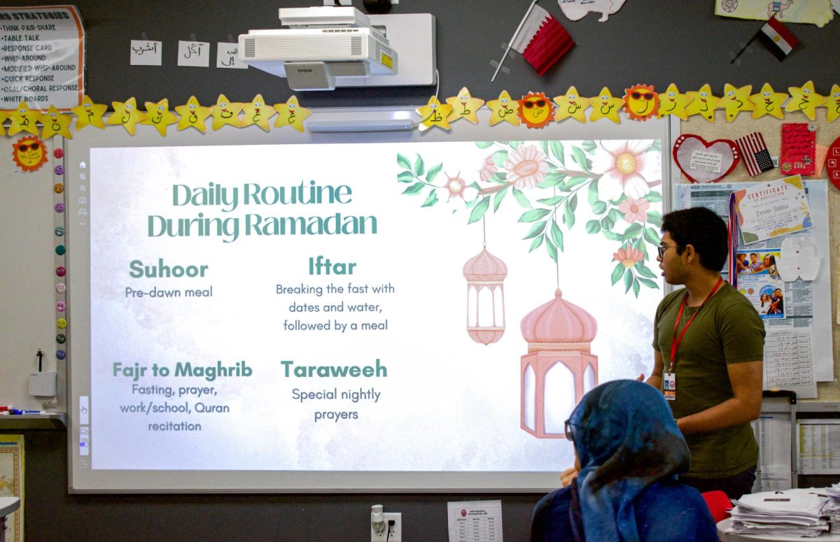 Senior and Arabic Club historian Muhammad Habib presents the daily routine during Ramadan. He explained that Muslims wake up before sunrise to eat suhur, a pre-dawn meal that prepares them for a full day of fasting. From dawn until sunset, they refrain from food and drink and at sunset, they break their fast with a date.