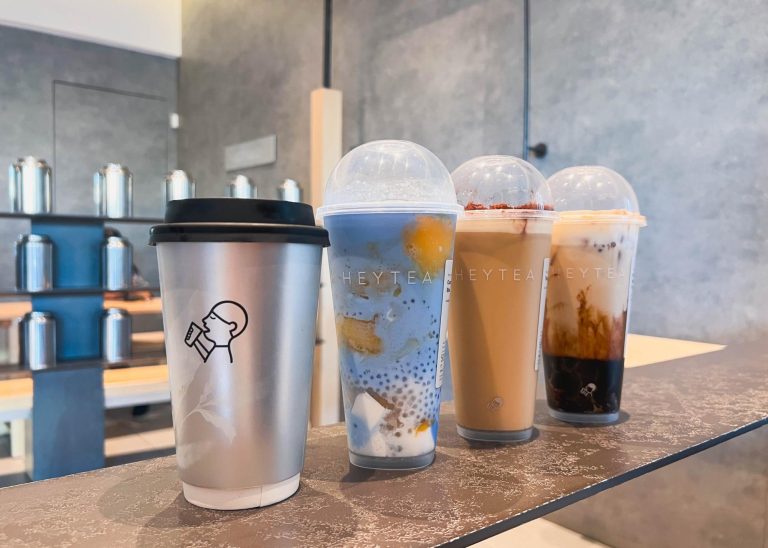 Our four drinks line up in Heytea’s Chinatown location, one of over 4,000 locations worldwide. Heytea was founded in 2012 in Guangdong, China.